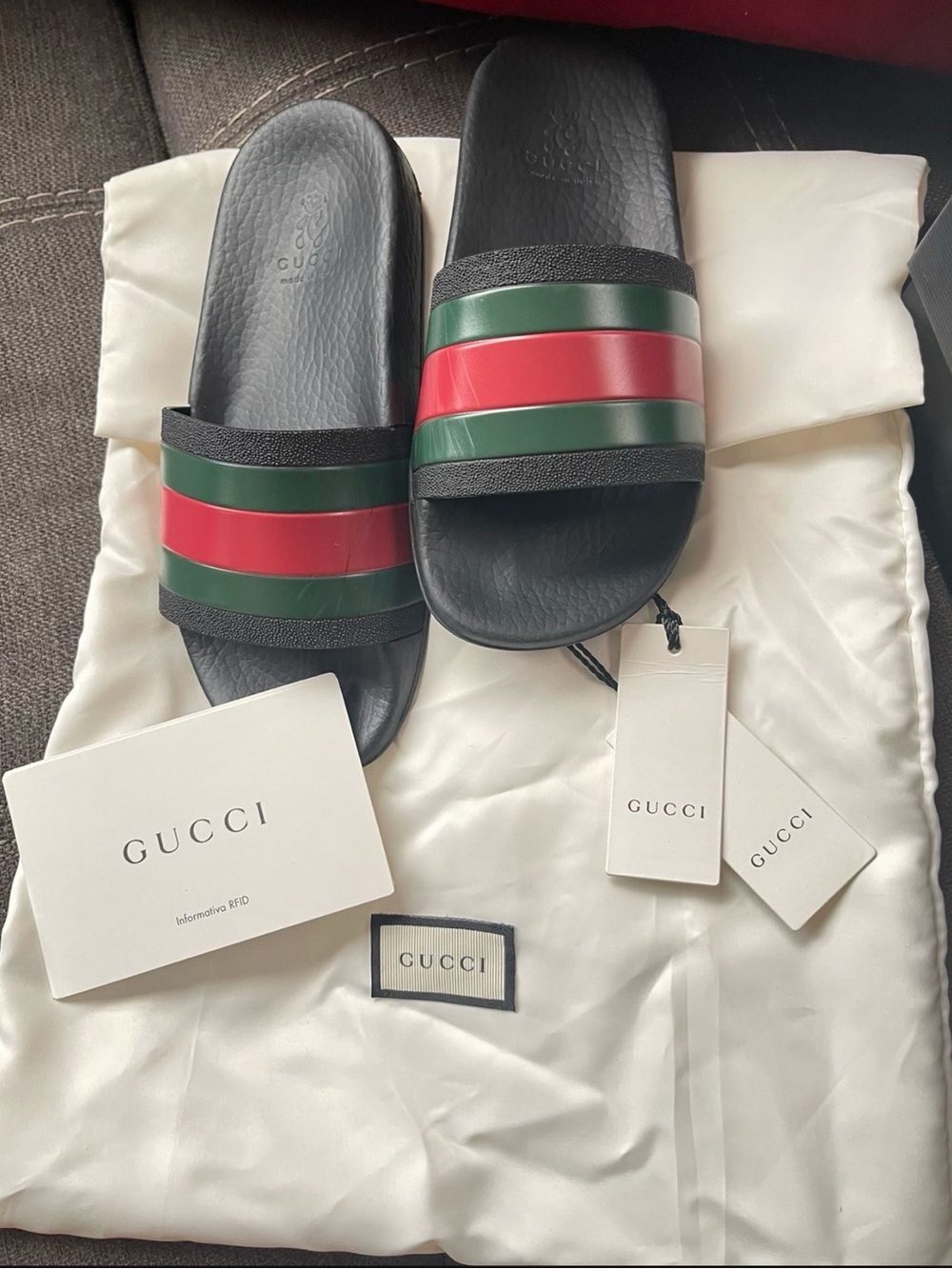 Gucci Black Slide Sandals with Red and Green Stripes
